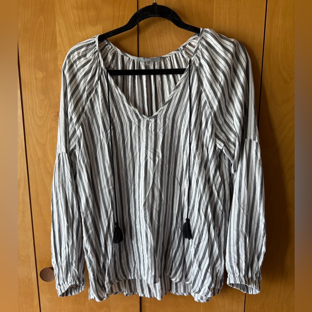 Womens White Striped Peasant Blouse Sheer Neck Tie Casual